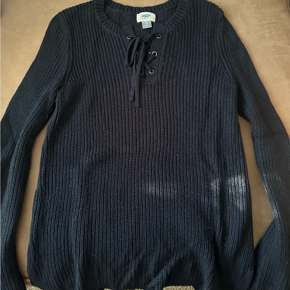 Old Navy Black Sweater with Lace-Up Neckline